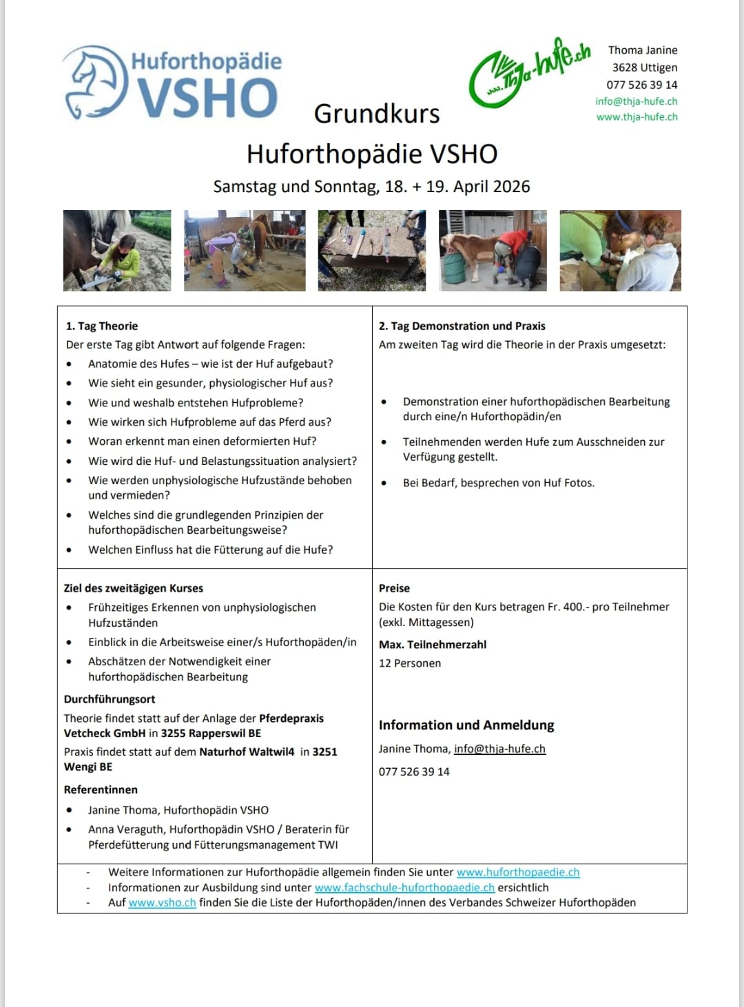 Flyer zum Grundkurs Huforthopädie VSHO am 18.-19.04.2026 mit Theorie und Praxis zu Hufanatomie, Hufgesundheit und huforthopädischer Bearbeitung, inklusive Kursinfos, Referentinnen und Praxisfotos.